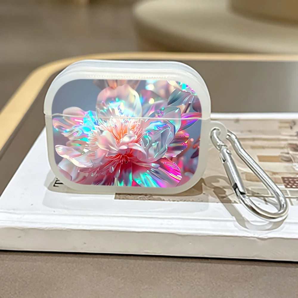 Iridescent Peony Flower Protective Case for AirPods 4/3/2/1 Earbuds Case For AirPods Pro3/Pro2/Pro Earphone Cover With Keychain