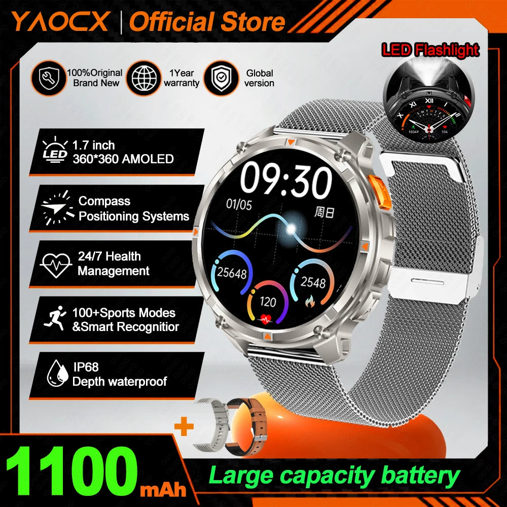 2026 T-Rex3 Ultra AMOLED Smart Watch 1100mAh Battery 1.70" HD Display Compass Bluetooth Calling, IP68 Waterproof for Men Watch