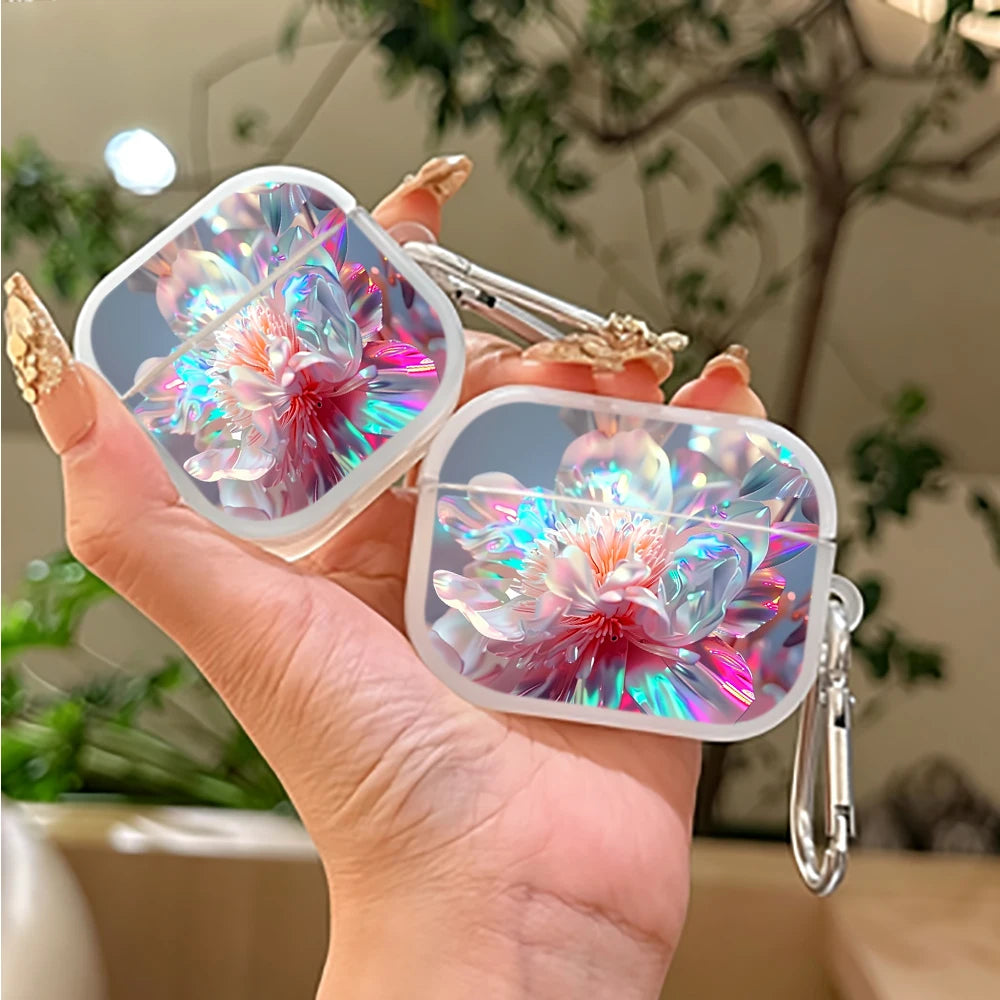 Iridescent Peony Flower Protective Case for AirPods 4/3/2/1 Earbuds Case For AirPods Pro3/Pro2/Pro Earphone Cover With Keychain
