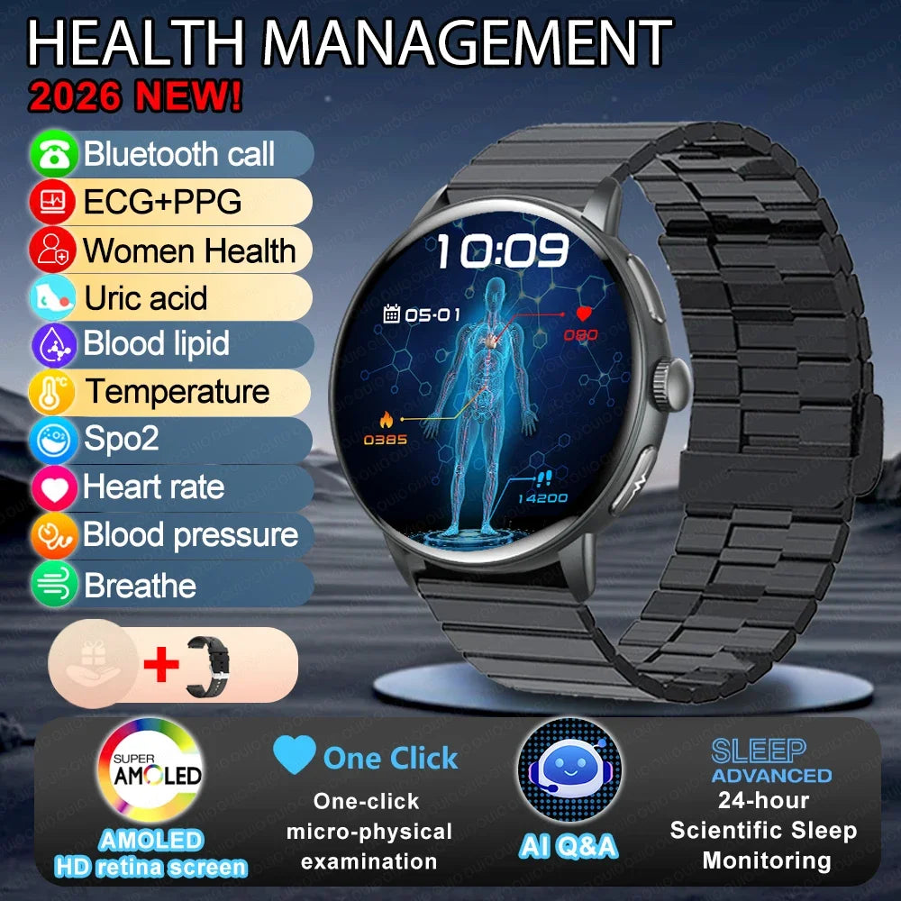 2026 Smart Watch AMOLED Display ECG PPG HRV Health Tracking Bluetooth Calling Temperature Monitor Waterproof Fitness Tracker iOS