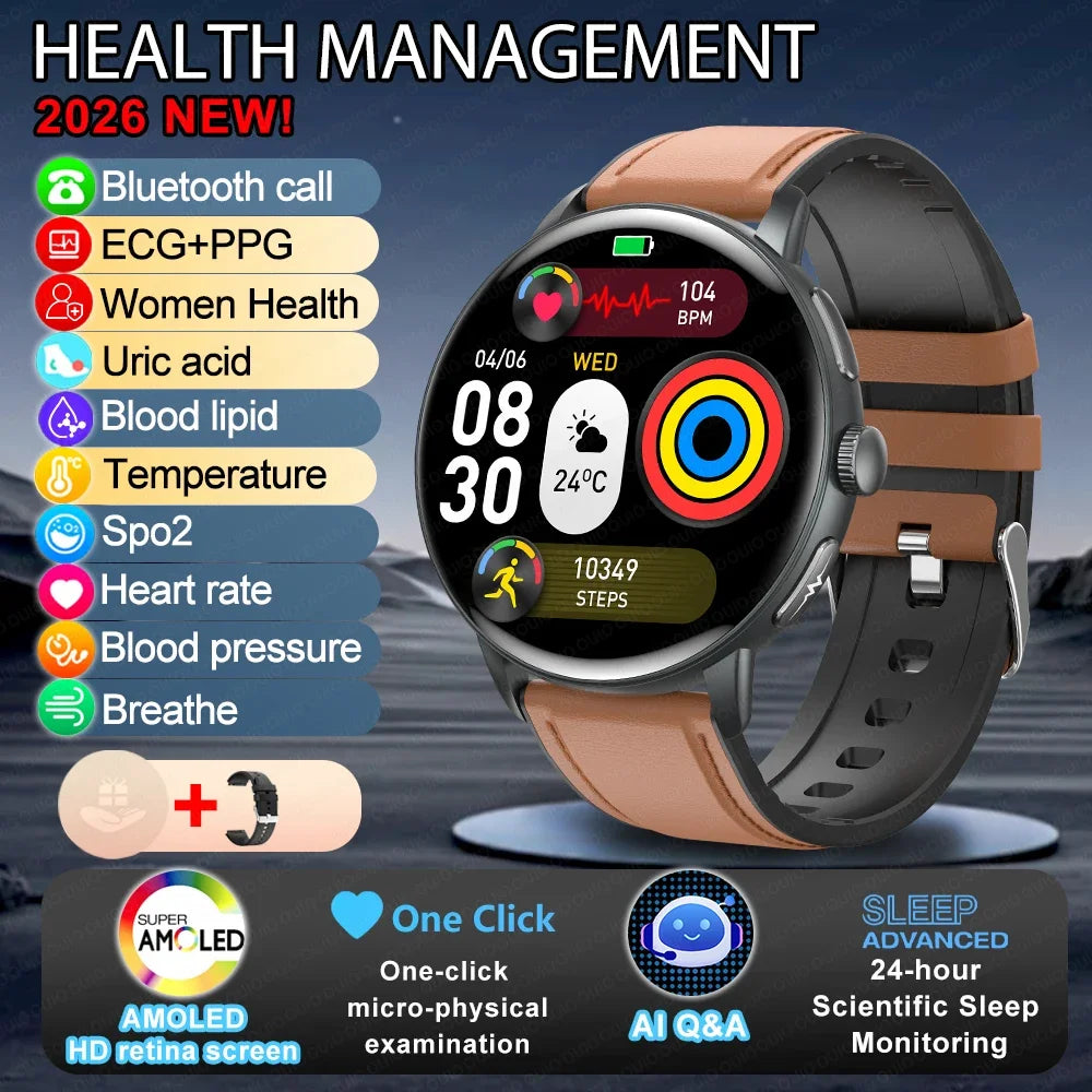 2026 Smart Watch AMOLED Display ECG PPG HRV Health Tracking Bluetooth Calling Temperature Monitor Waterproof Fitness Tracker iOS