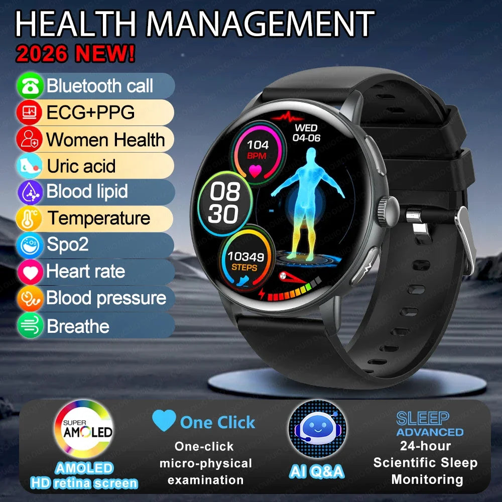 2026 Smart Watch AMOLED Display ECG PPG HRV Health Tracking Bluetooth Calling Temperature Monitor Waterproof Fitness Tracker iOS