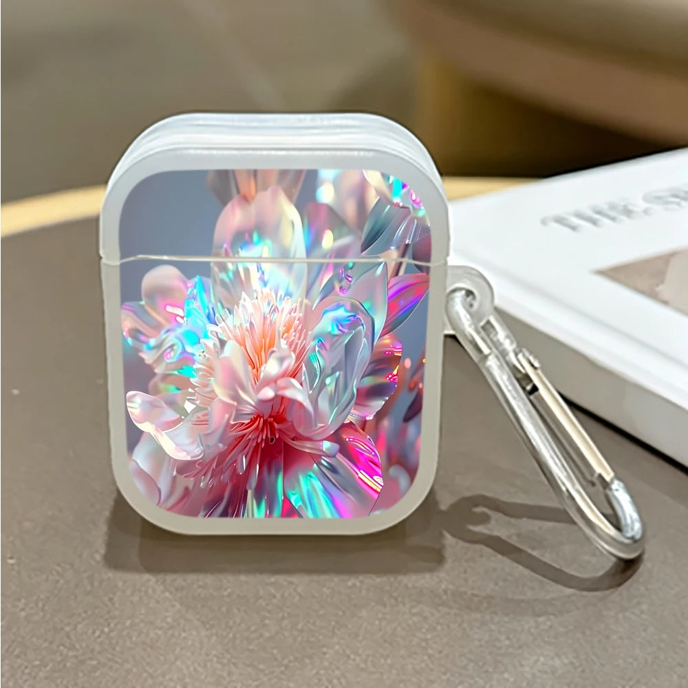 Iridescent Peony Flower Protective Case for AirPods 4/3/2/1 Earbuds Case For AirPods Pro3/Pro2/Pro Earphone Cover With Keychain