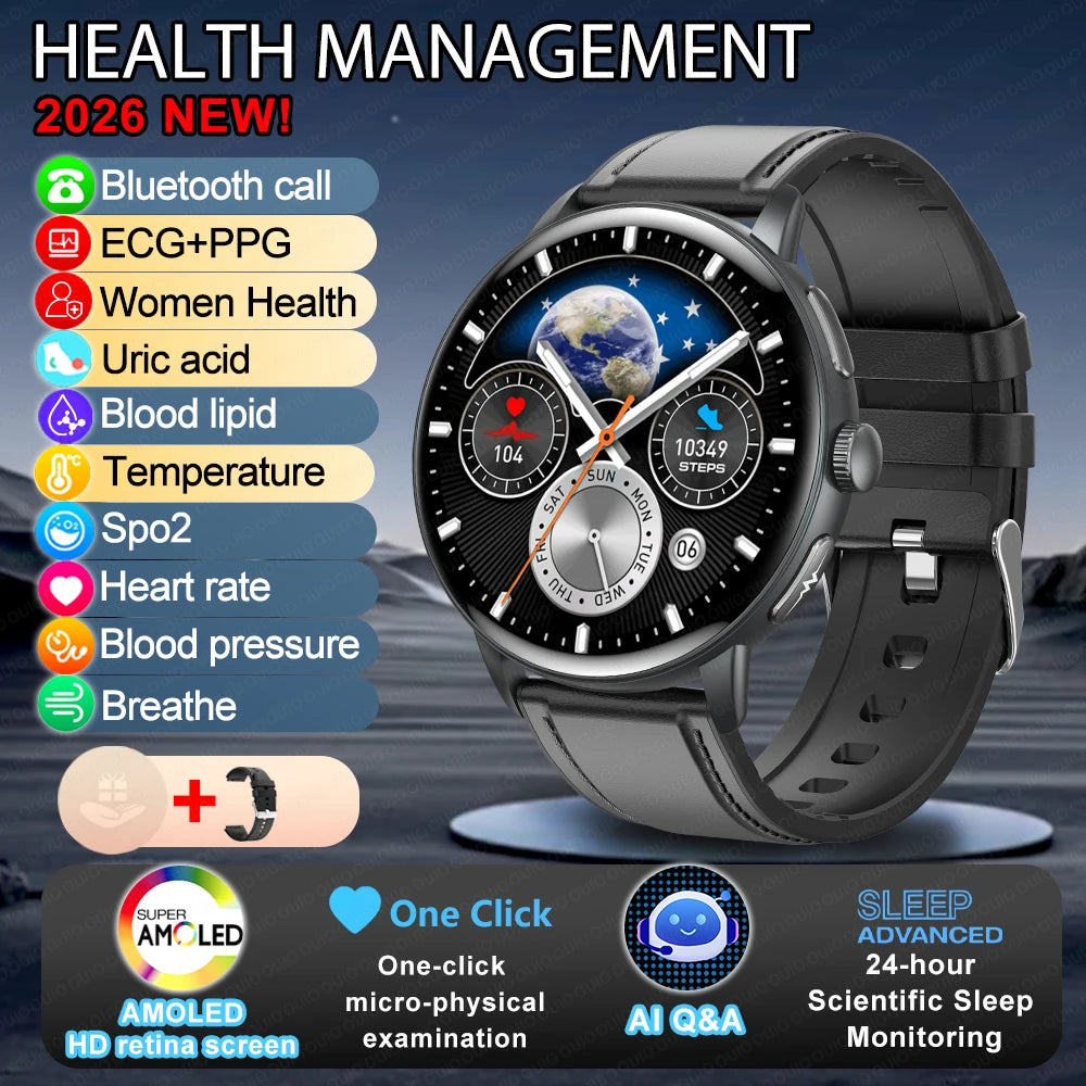 2026 Smart Watch AMOLED Display ECG PPG HRV Health Tracking Bluetooth Calling Temperature Monitor Waterproof Fitness Tracker iOS