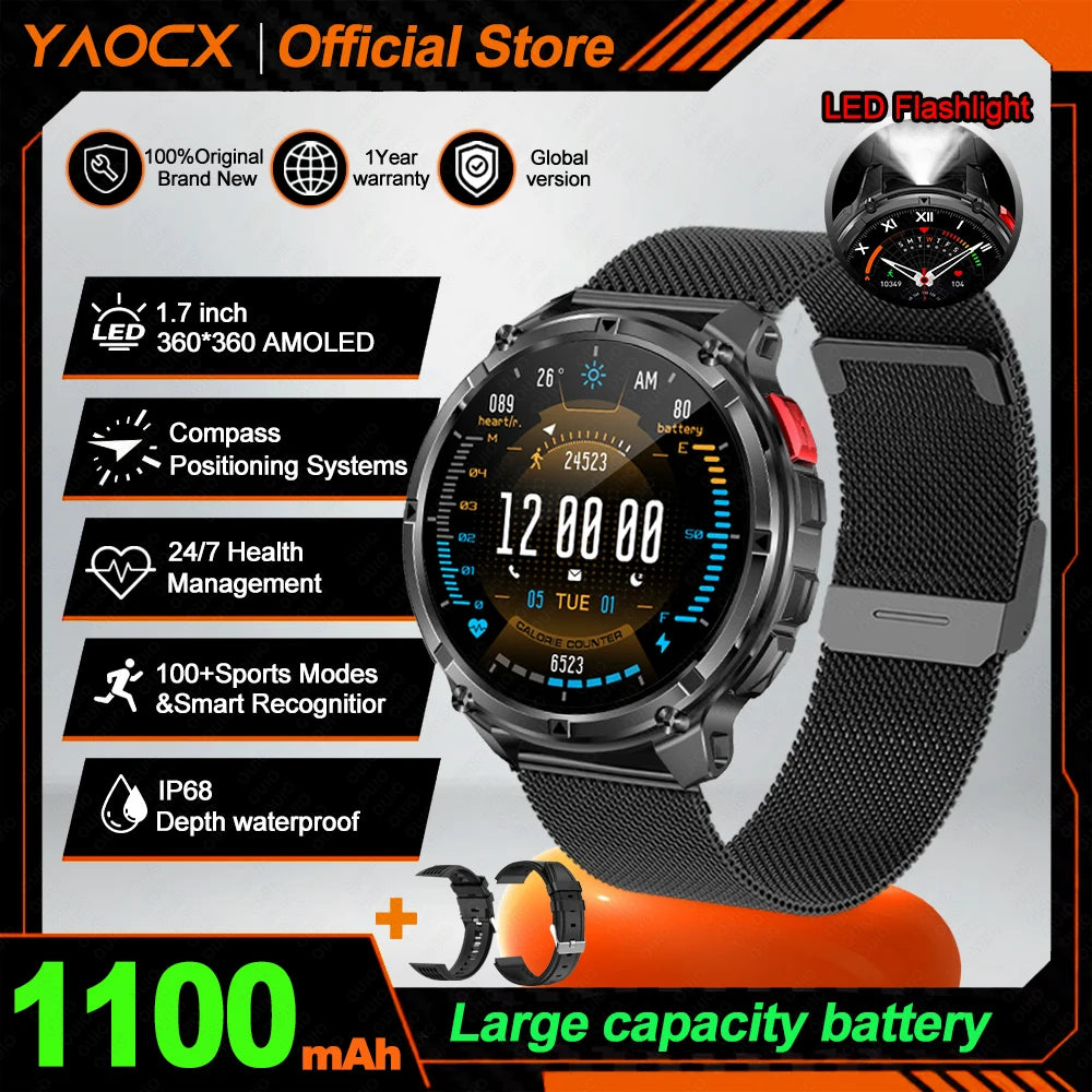 2026 T-Rex3 Ultra AMOLED Smart Watch 1100mAh Battery 1.70" HD Display Compass Bluetooth Calling, IP68 Waterproof for Men Watch
