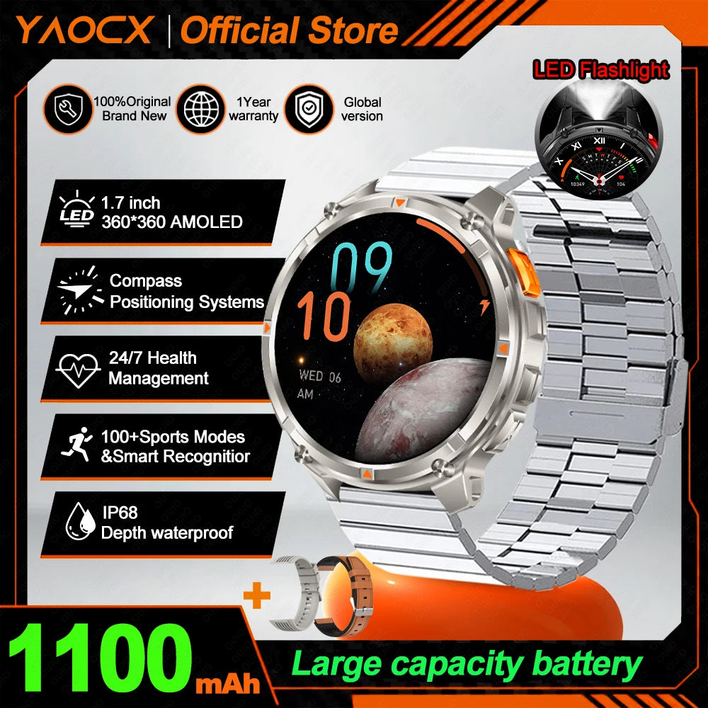 2026 T-Rex3 Ultra AMOLED Smart Watch 1100mAh Battery 1.70" HD Display Compass Bluetooth Calling, IP68 Waterproof for Men Watch