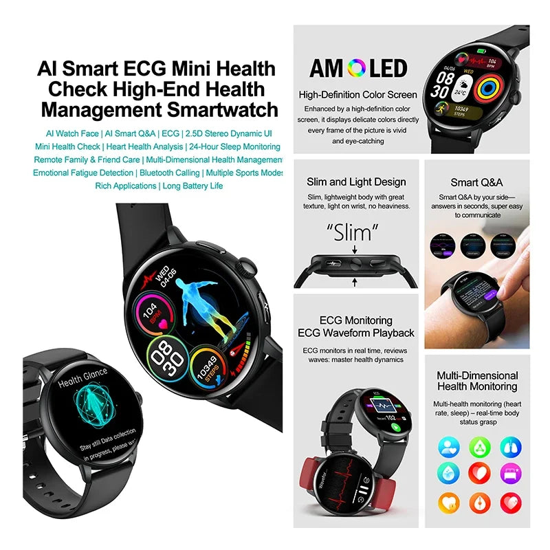 2026 Smart Watch AMOLED Display ECG PPG HRV Health Tracking Bluetooth Calling Temperature Monitor Waterproof Fitness Tracker iOS