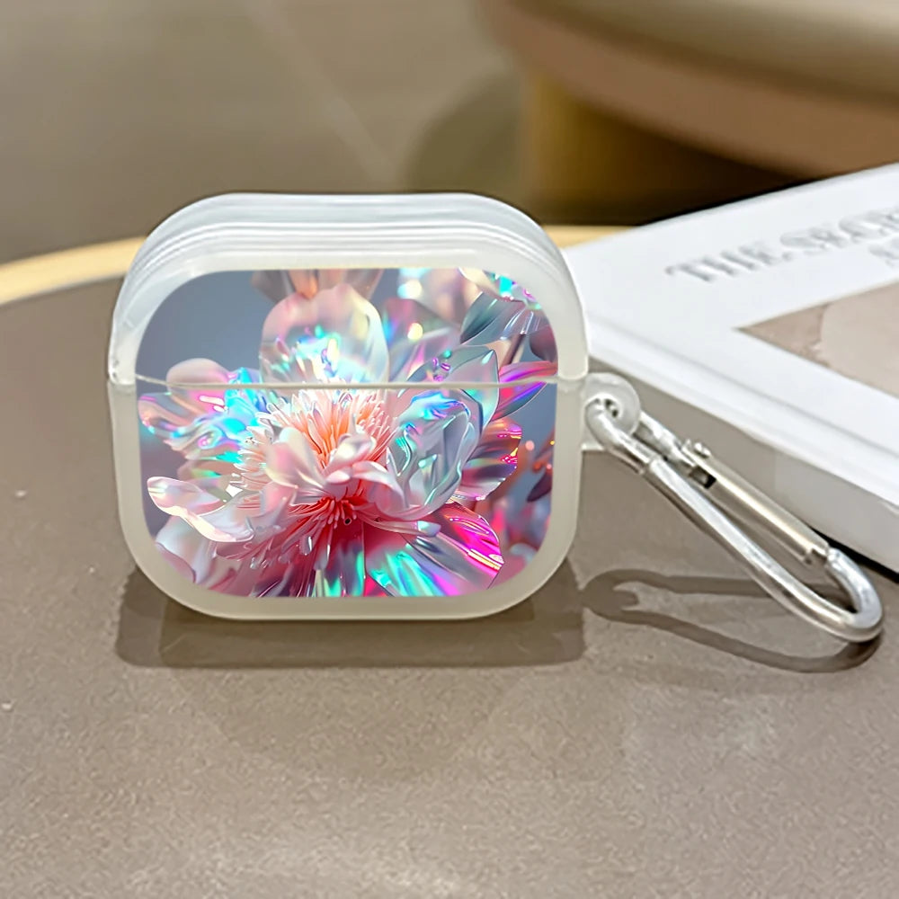 Iridescent Peony Flower Protective Case for AirPods 4/3/2/1 Earbuds Case For AirPods Pro3/Pro2/Pro Earphone Cover With Keychain