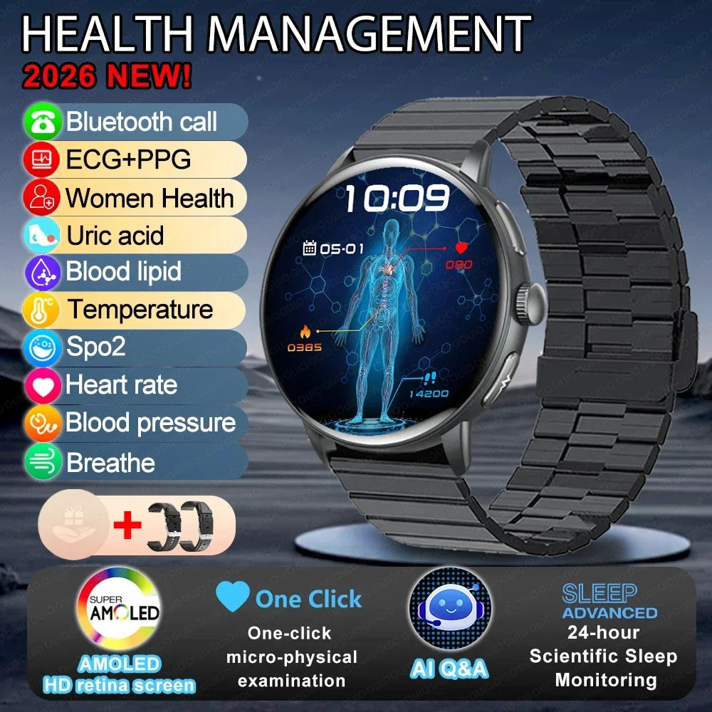 2026 Smart Watch AMOLED Display ECG PPG HRV Health Tracking Bluetooth Calling Temperature Monitor Waterproof Fitness Tracker iOS