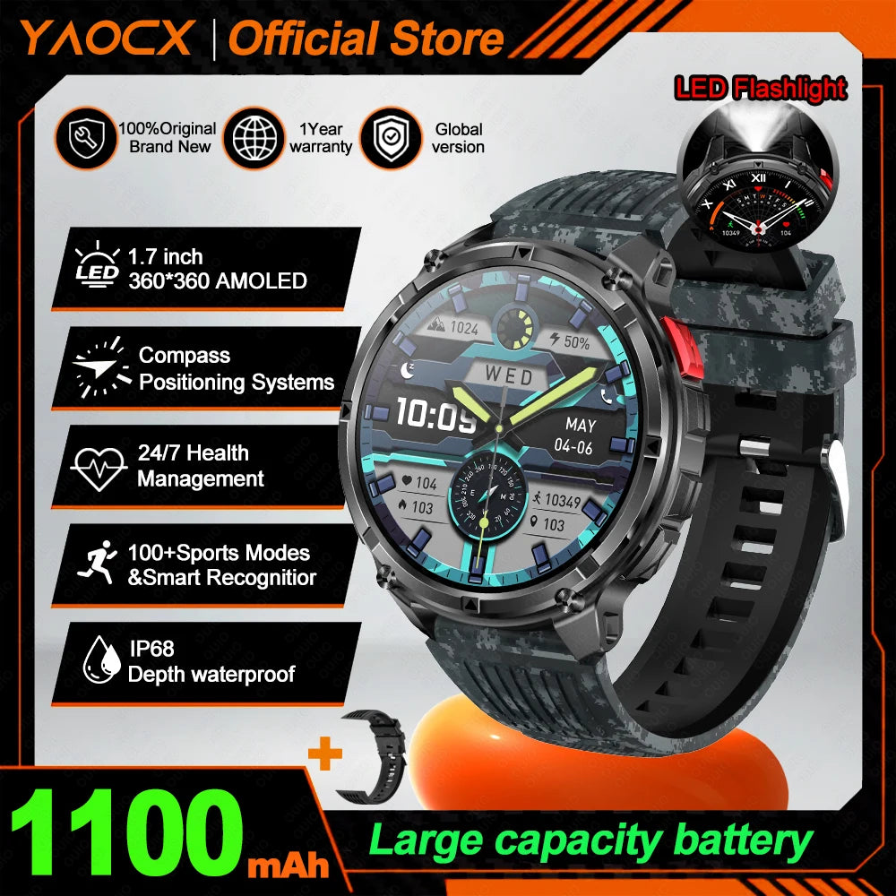 2026 T-Rex3 Ultra AMOLED Smart Watch 1100mAh Battery 1.70" HD Display Compass Bluetooth Calling, IP68 Waterproof for Men Watch