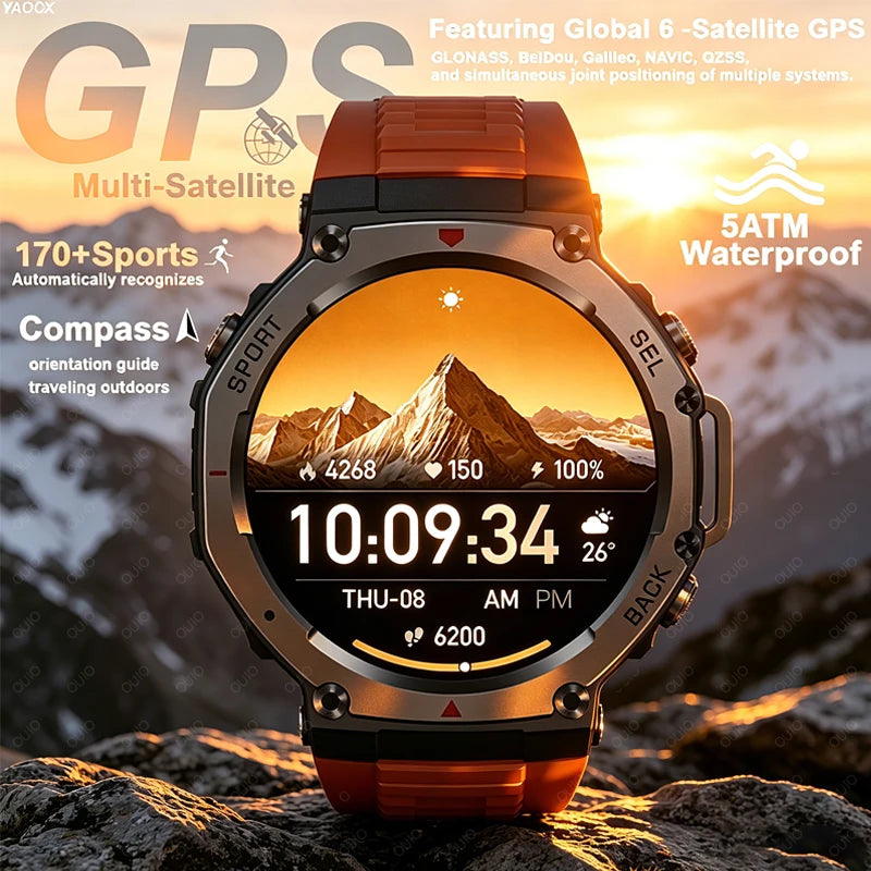 2026 Military Smart Watch with GPS 10ATM Waterproof AMOLED Screen, 6-Frequency Satellite Navigation Outdoor Sports Fitness Watch