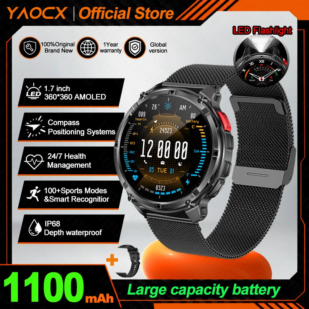 2026 T-Rex3 Ultra AMOLED Smart Watch 1100mAh Battery 1.70" HD Display Compass Bluetooth Calling, IP68 Waterproof for Men Watch
