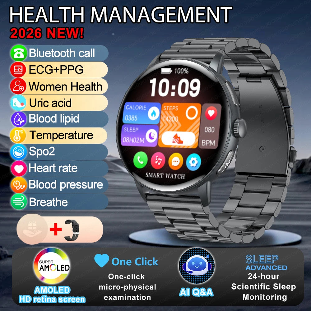 2026 Smart Watch AMOLED Display ECG PPG HRV Health Tracking Bluetooth Calling Temperature Monitor Waterproof Fitness Tracker iOS