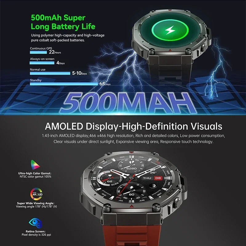 2026 Military Smart Watch with GPS 10ATM Waterproof AMOLED Screen, 6-Frequency Satellite Navigation Outdoor Sports Fitness Watch