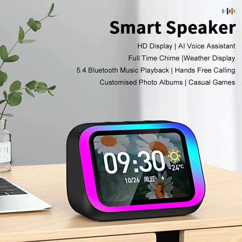 AI Voice Assistant Bluetooth Speaker With RGB Color Lighting Alarm Clock LED Screen Weather Clock Display Electronic Speaker