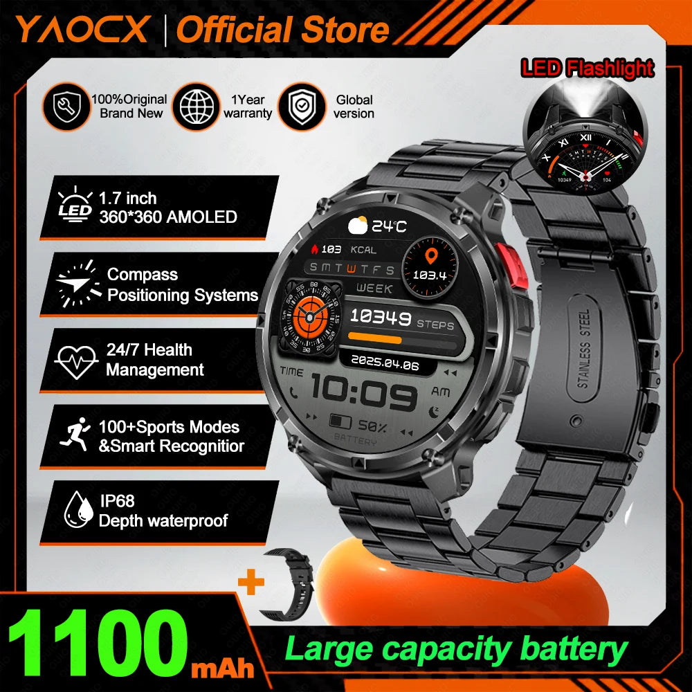 2026 T-Rex3 Ultra AMOLED Smart Watch 1100mAh Battery 1.70" HD Display Compass Bluetooth Calling, IP68 Waterproof for Men Watch