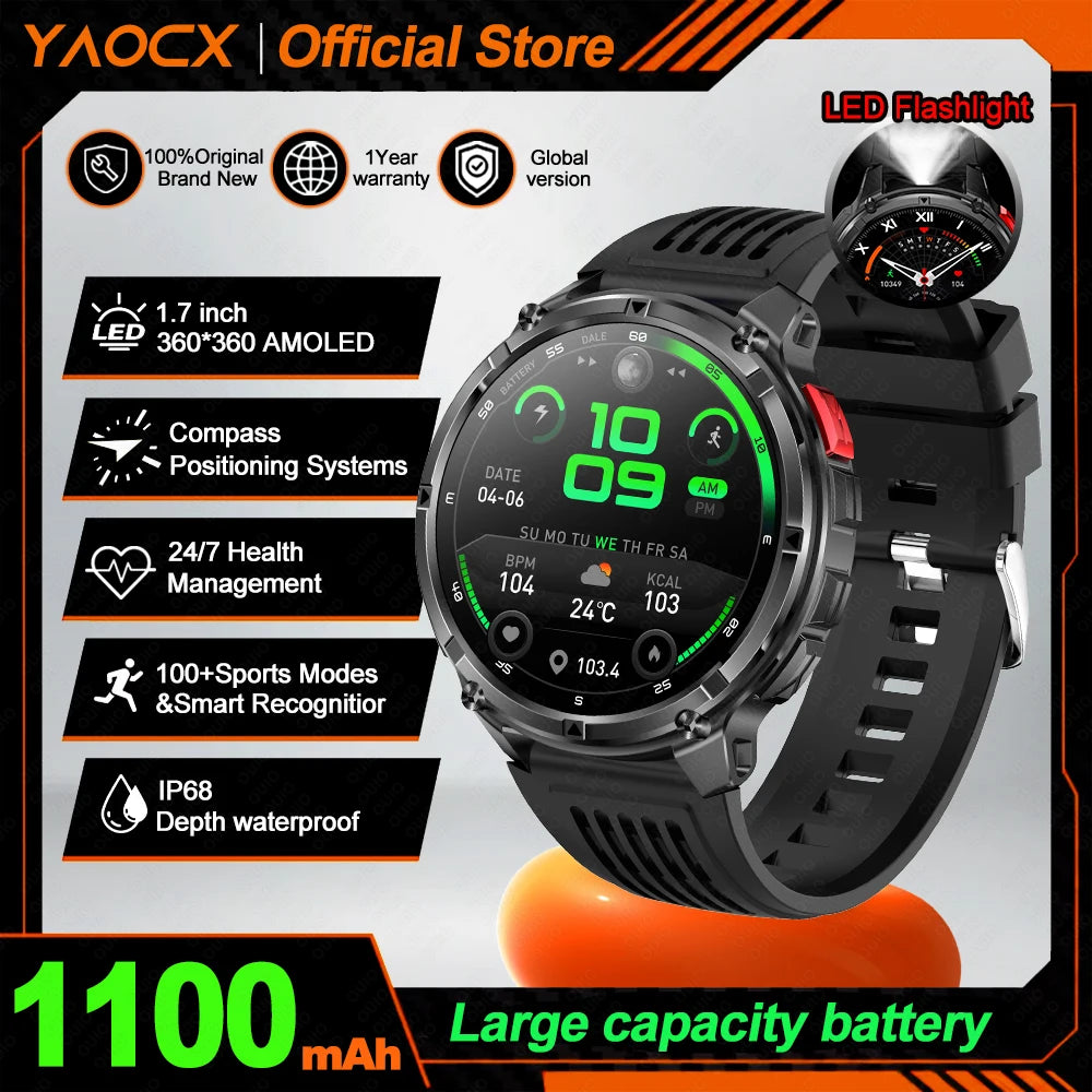 2026 T-Rex3 Ultra AMOLED Smart Watch 1100mAh Battery 1.70" HD Display Compass Bluetooth Calling, IP68 Waterproof for Men Watch