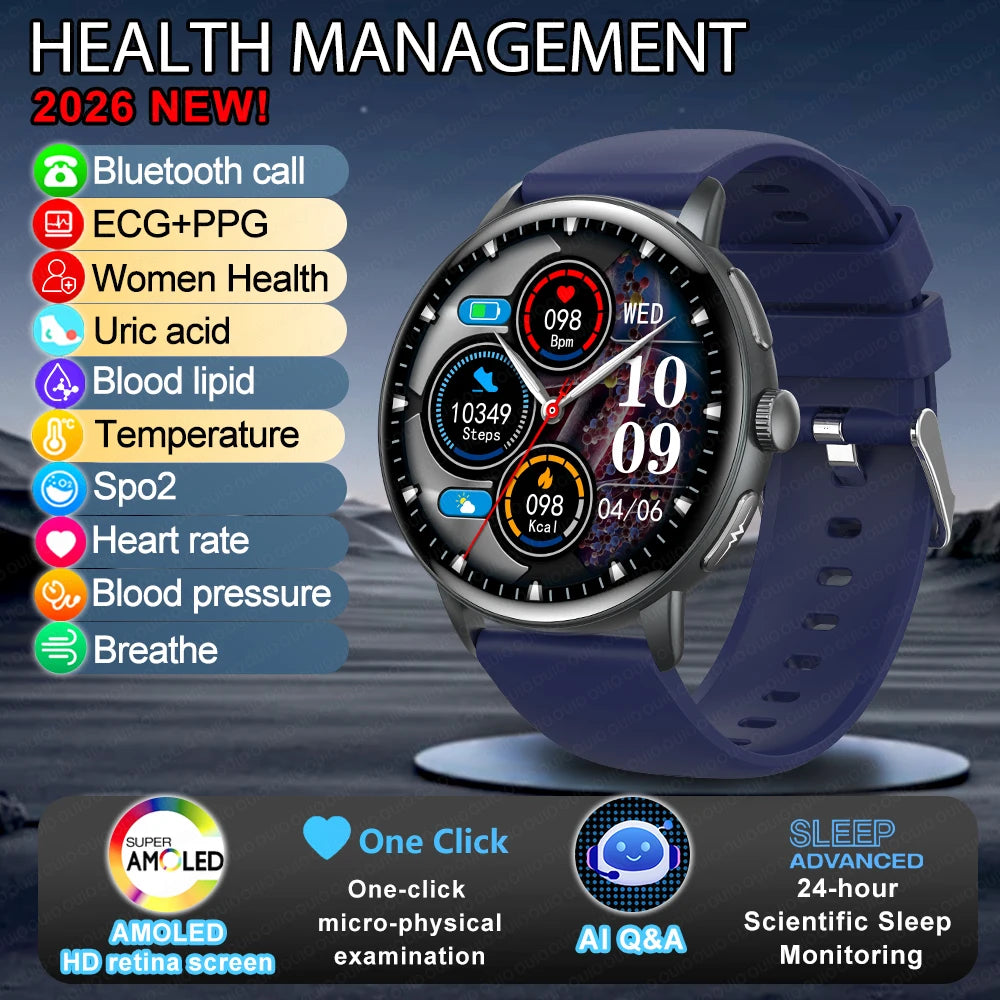 2026 Smart Watch AMOLED Display ECG PPG HRV Health Tracking Bluetooth Calling Temperature Monitor Waterproof Fitness Tracker iOS