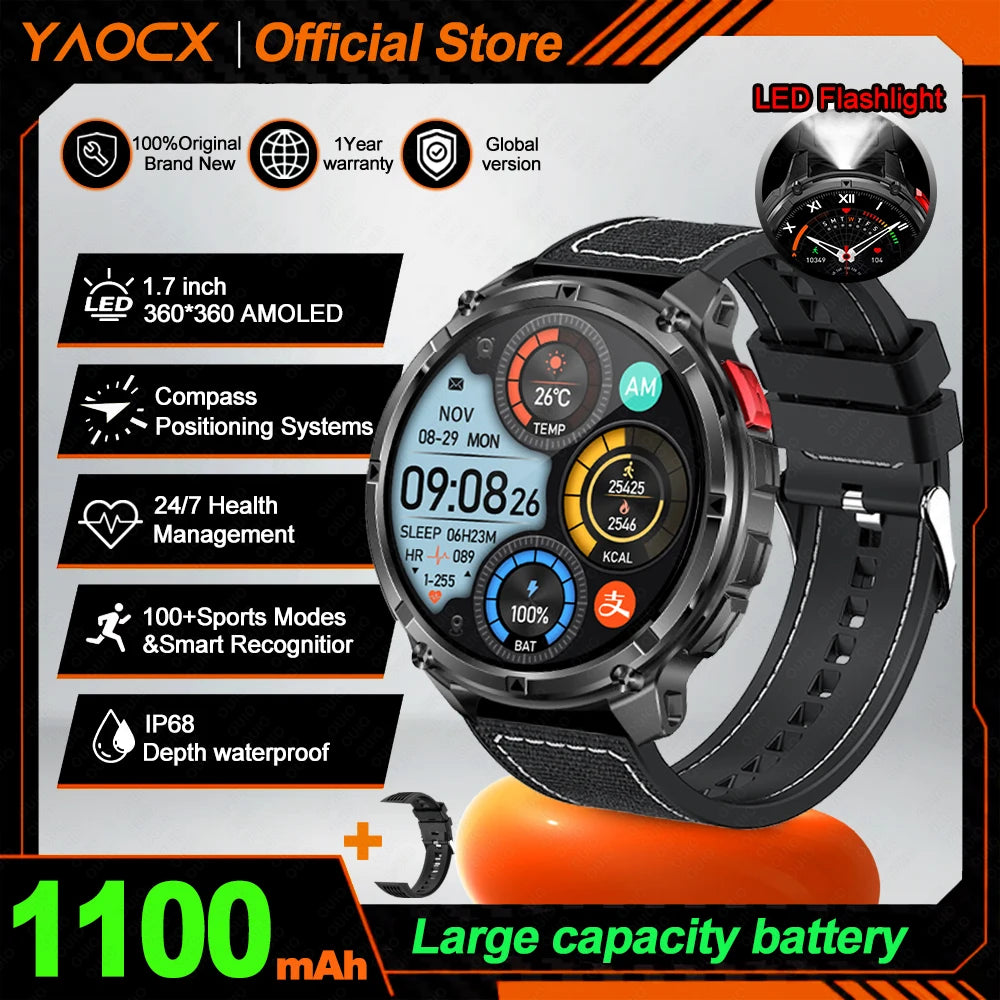 2026 T-Rex3 Ultra AMOLED Smart Watch 1100mAh Battery 1.70" HD Display Compass Bluetooth Calling, IP68 Waterproof for Men Watch