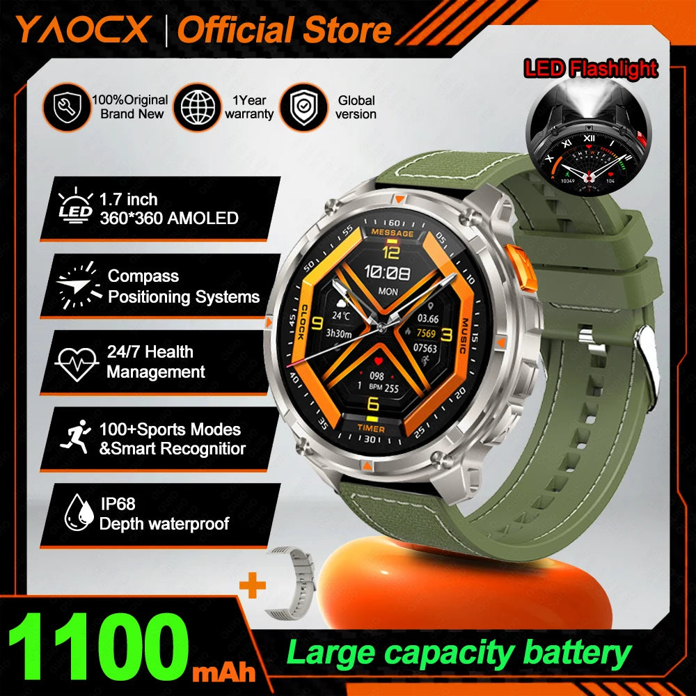 2026 T-Rex3 Ultra AMOLED Smart Watch 1100mAh Battery 1.70" HD Display Compass Bluetooth Calling, IP68 Waterproof for Men Watch