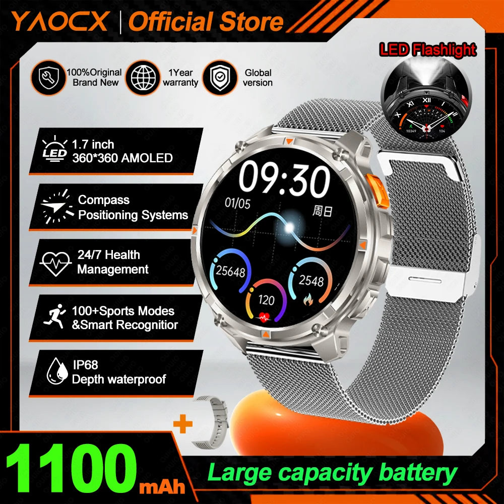 2026 T-Rex3 Ultra AMOLED Smart Watch 1100mAh Battery 1.70" HD Display Compass Bluetooth Calling, IP68 Waterproof for Men Watch