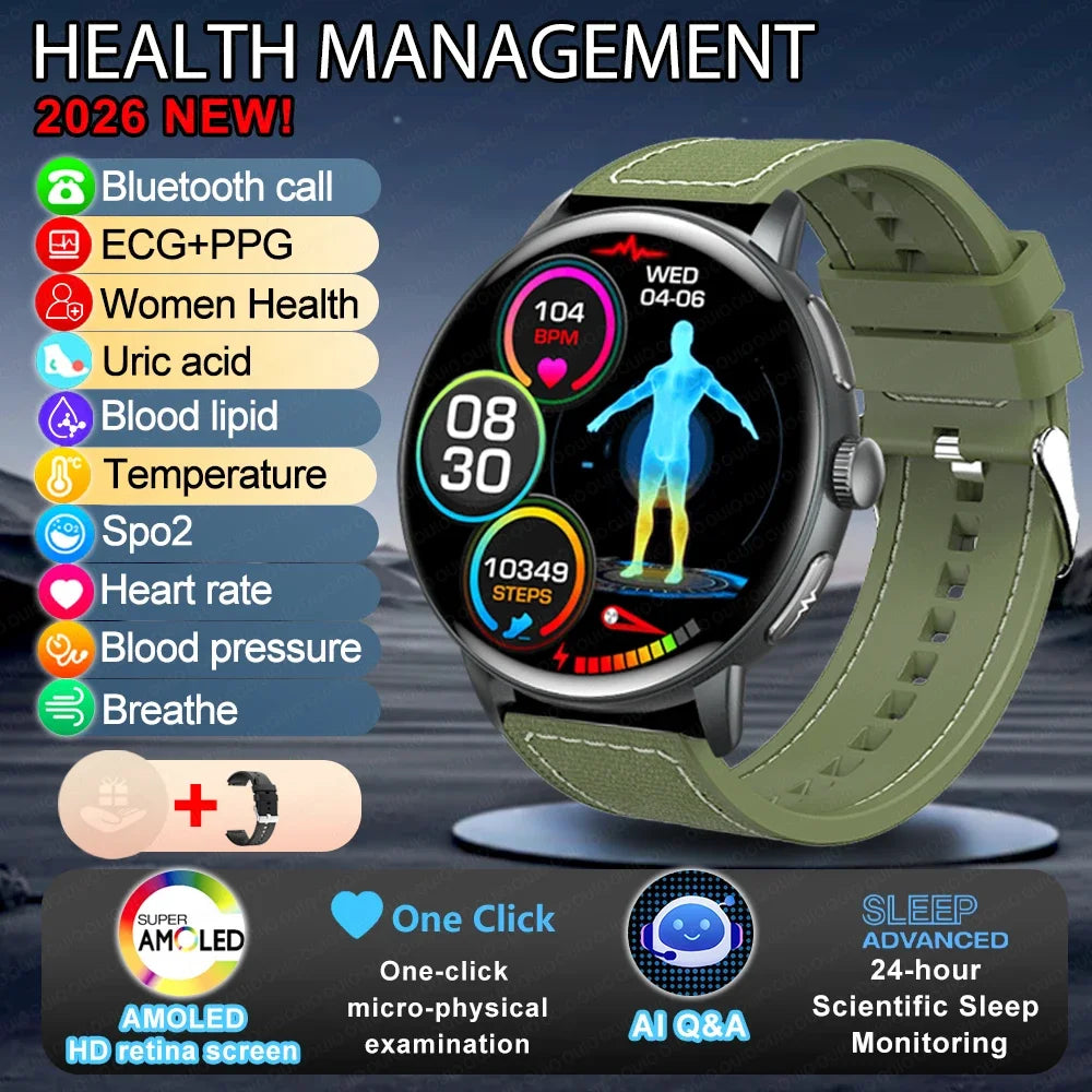 2026 Smart Watch AMOLED Display ECG PPG HRV Health Tracking Bluetooth Calling Temperature Monitor Waterproof Fitness Tracker iOS