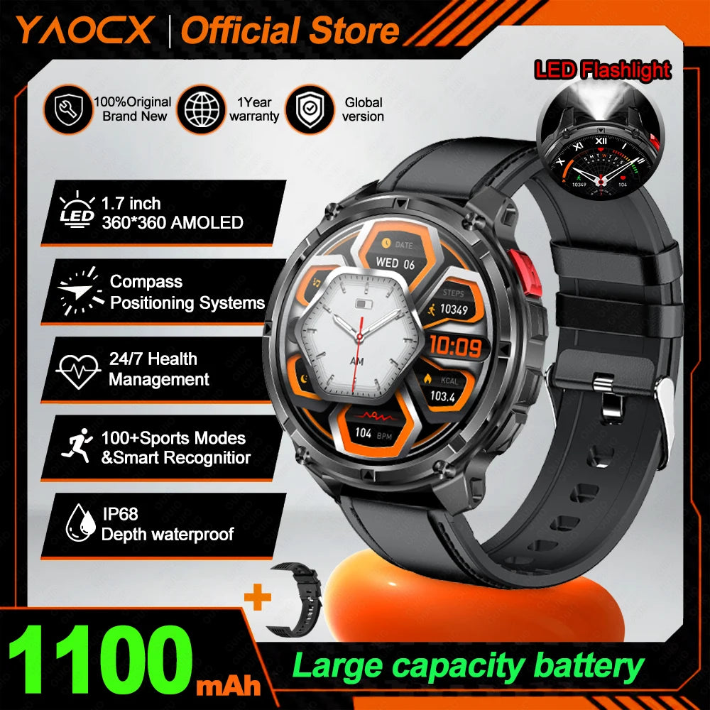 2026 T-Rex3 Ultra AMOLED Smart Watch 1100mAh Battery 1.70" HD Display Compass Bluetooth Calling, IP68 Waterproof for Men Watch