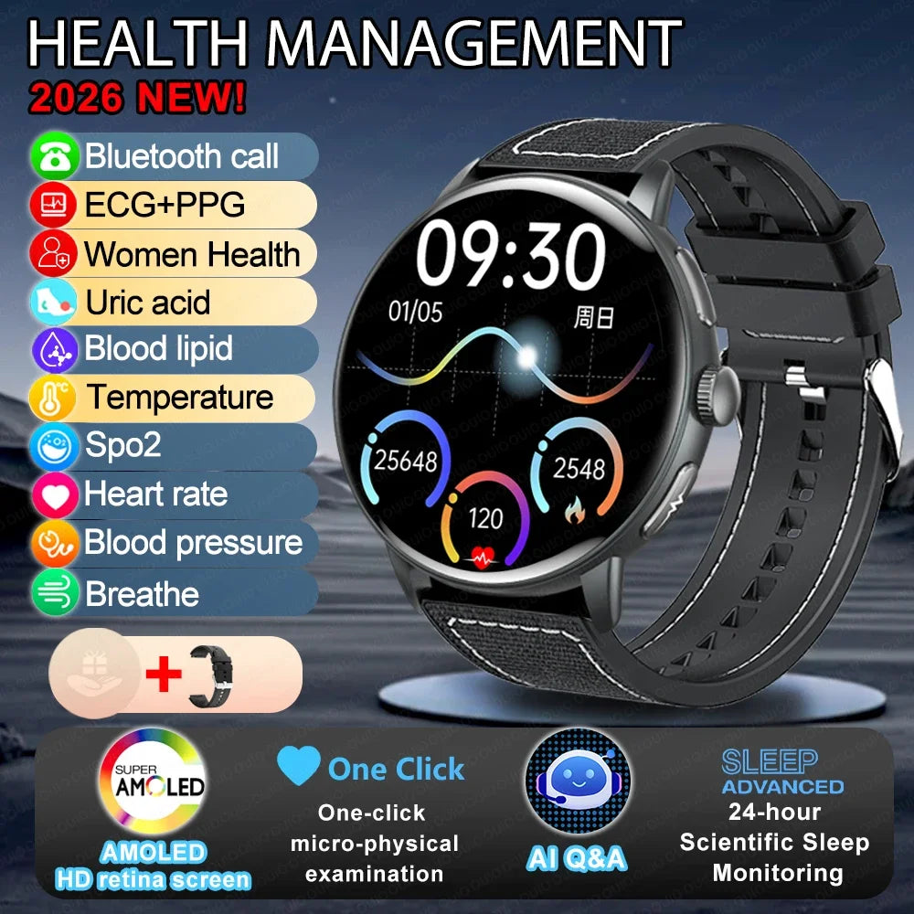 2026 Smart Watch AMOLED Display ECG PPG HRV Health Tracking Bluetooth Calling Temperature Monitor Waterproof Fitness Tracker iOS