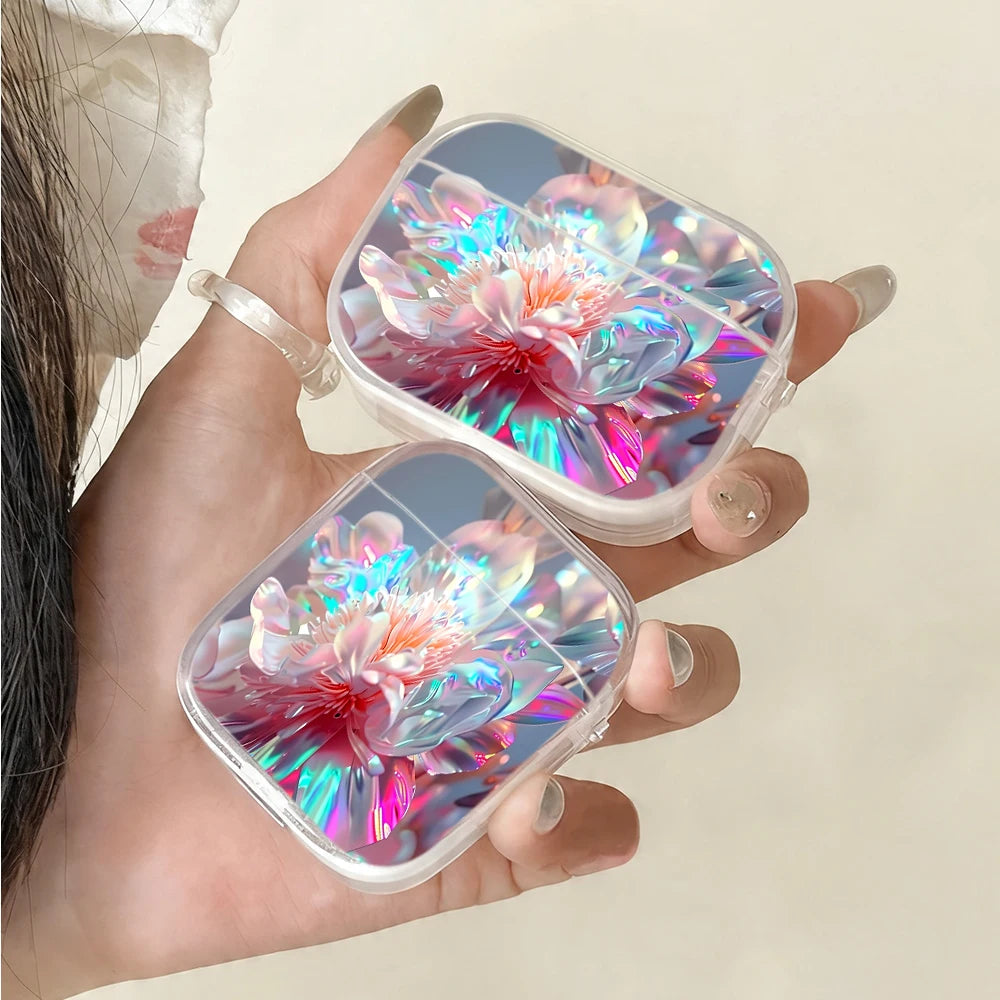Iridescent Peony Flower Protective Case for AirPods 4/3/2/1 Earbuds Case For AirPods Pro3/Pro2/Pro Earphone Cover With Keychain