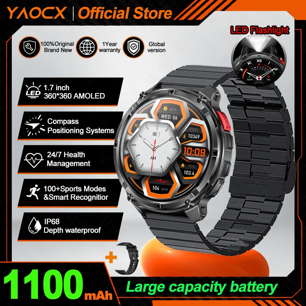 2026 T-Rex3 Ultra AMOLED Smart Watch 1100mAh Battery 1.70" HD Display Compass Bluetooth Calling, IP68 Waterproof for Men Watch