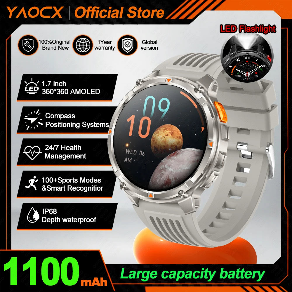 2026 T-Rex3 Ultra AMOLED Smart Watch 1100mAh Battery 1.70" HD Display Compass Bluetooth Calling, IP68 Waterproof for Men Watch