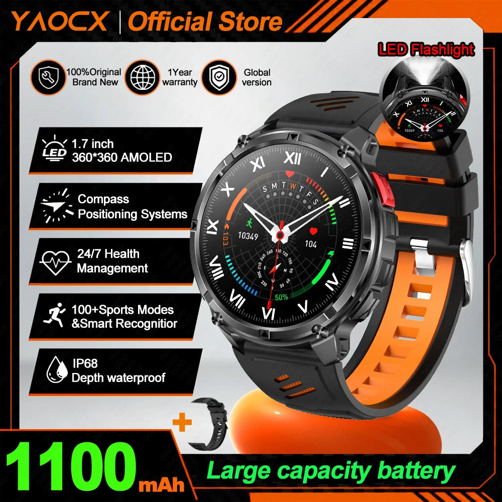 2026 T-Rex3 Ultra AMOLED Smart Watch 1100mAh Battery 1.70" HD Display Compass Bluetooth Calling, IP68 Waterproof for Men Watch