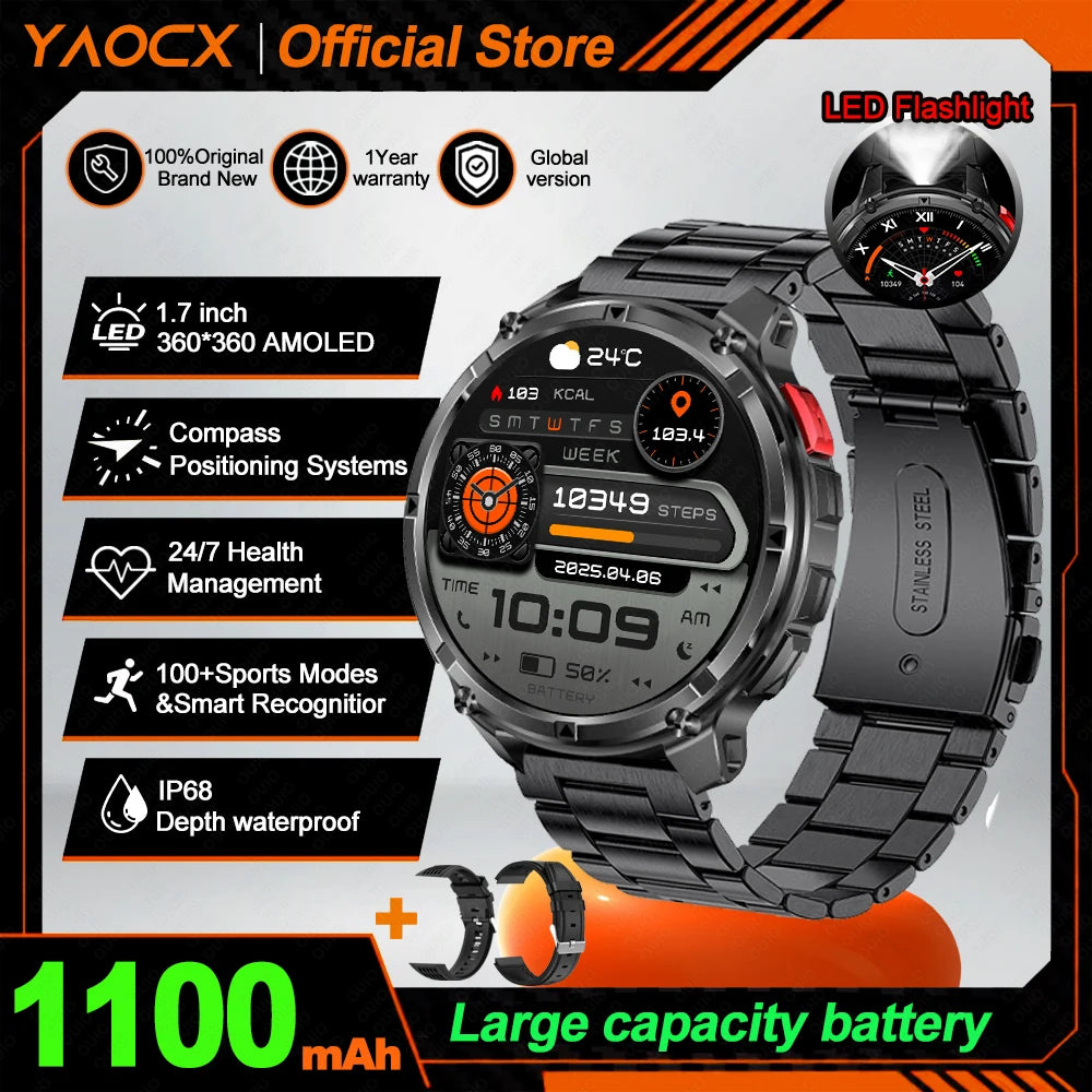 2026 T-Rex3 Ultra AMOLED Smart Watch 1100mAh Battery 1.70" HD Display Compass Bluetooth Calling, IP68 Waterproof for Men Watch