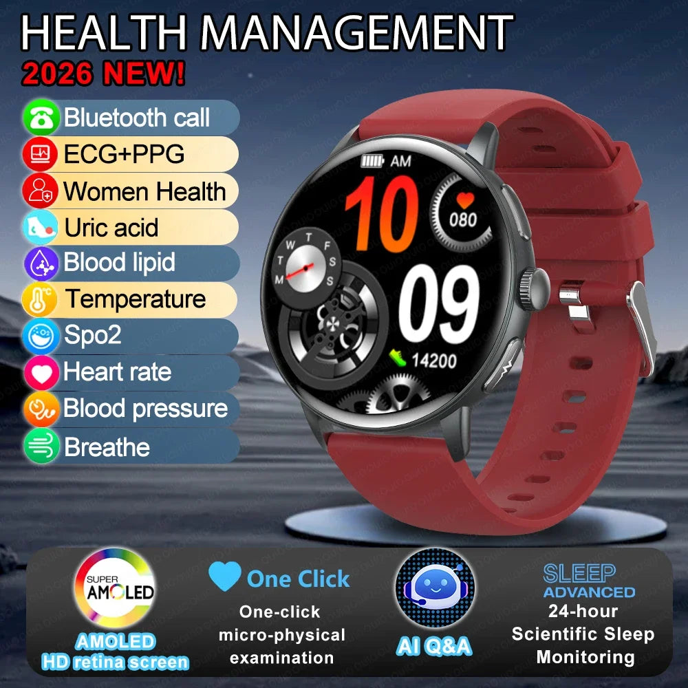 2026 Smart Watch AMOLED Display ECG PPG HRV Health Tracking Bluetooth Calling Temperature Monitor Waterproof Fitness Tracker iOS