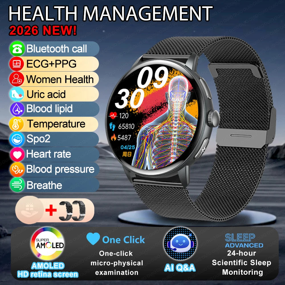2026 Smart Watch AMOLED Display ECG PPG HRV Health Tracking Bluetooth Calling Temperature Monitor Waterproof Fitness Tracker iOS