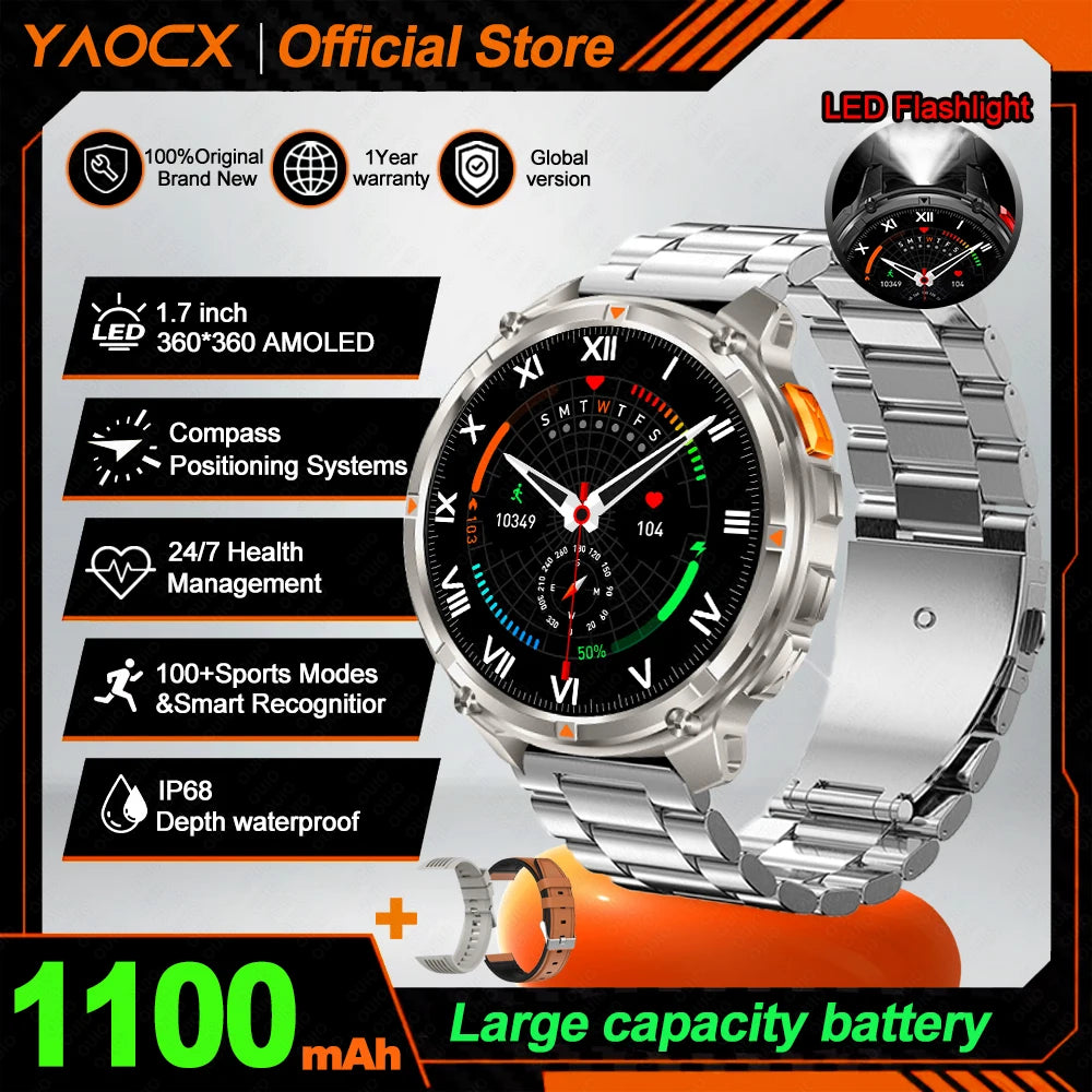 2026 T-Rex3 Ultra AMOLED Smart Watch 1100mAh Battery 1.70" HD Display Compass Bluetooth Calling, IP68 Waterproof for Men Watch