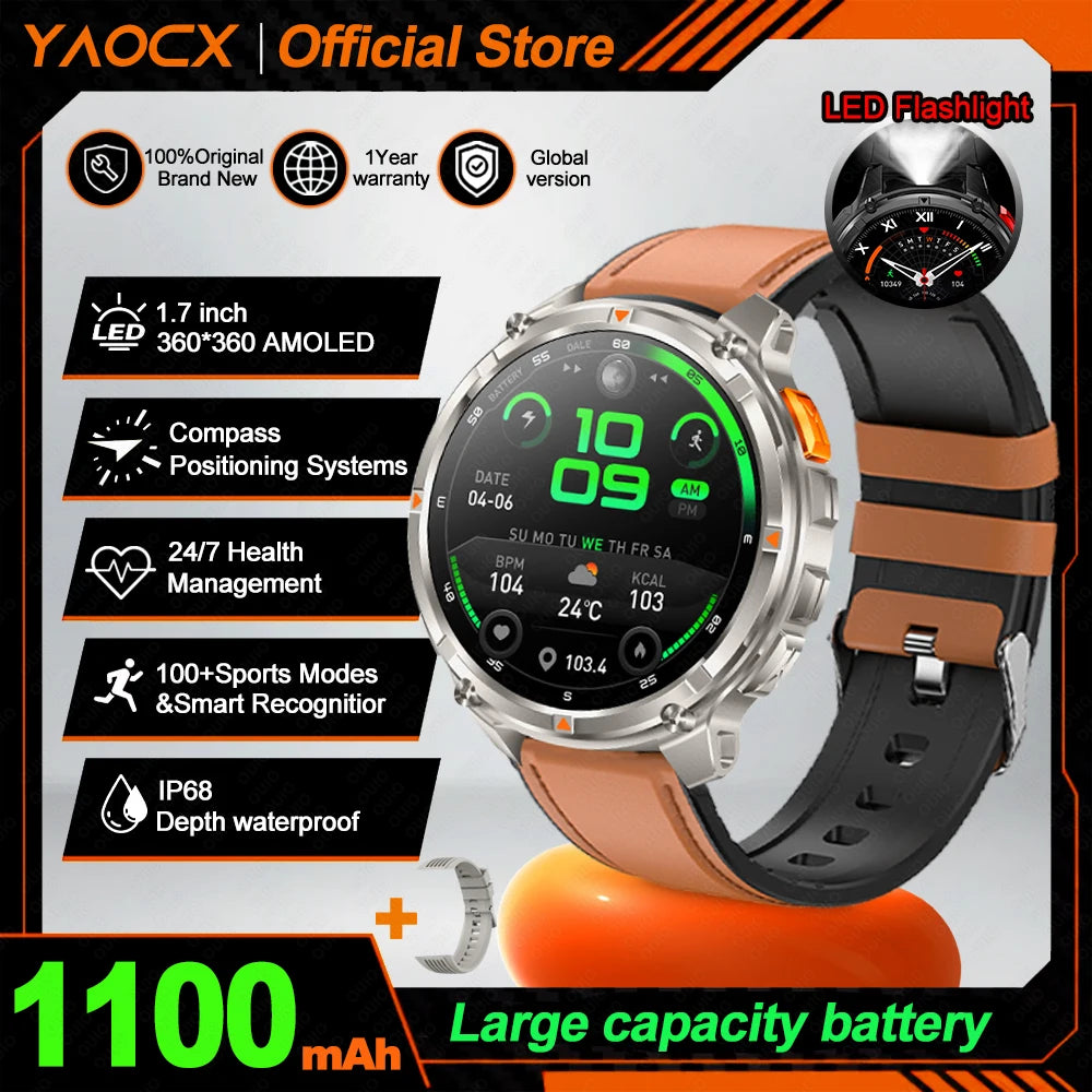 2026 T-Rex3 Ultra AMOLED Smart Watch 1100mAh Battery 1.70" HD Display Compass Bluetooth Calling, IP68 Waterproof for Men Watch