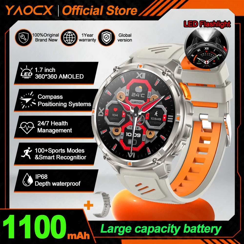 2026 T-Rex3 Ultra AMOLED Smart Watch 1100mAh Battery 1.70" HD Display Compass Bluetooth Calling, IP68 Waterproof for Men Watch