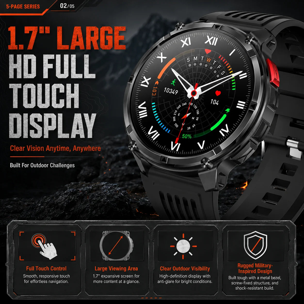 2026 T-Rex3 Ultra AMOLED Smart Watch 1100mAh Battery 1.70" HD Display Compass Bluetooth Calling, IP68 Waterproof for Men Watch