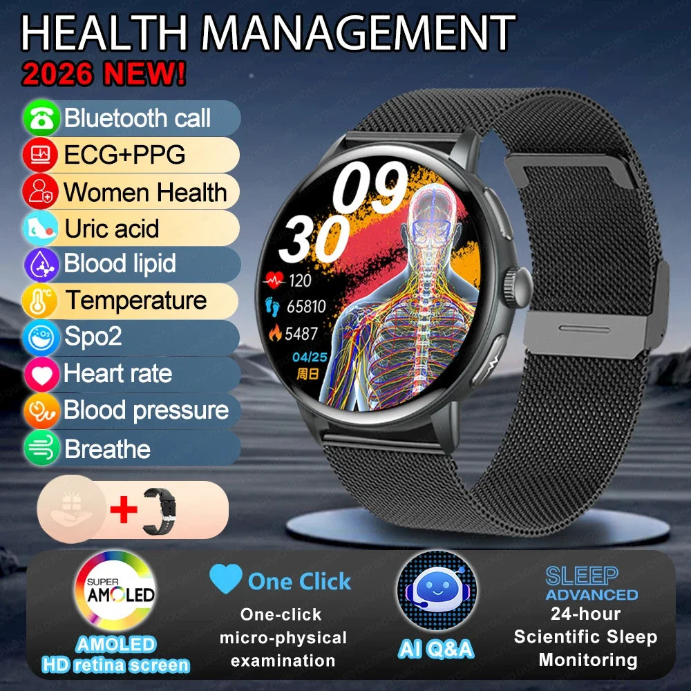 2026 Smart Watch AMOLED Display ECG PPG HRV Health Tracking Bluetooth Calling Temperature Monitor Waterproof Fitness Tracker iOS